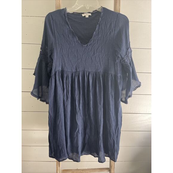 UMGEE Baby Doll Swing Dress Blue Bell Sleeves Crochet Details Size Small *Desc. - Picture 1 of 8